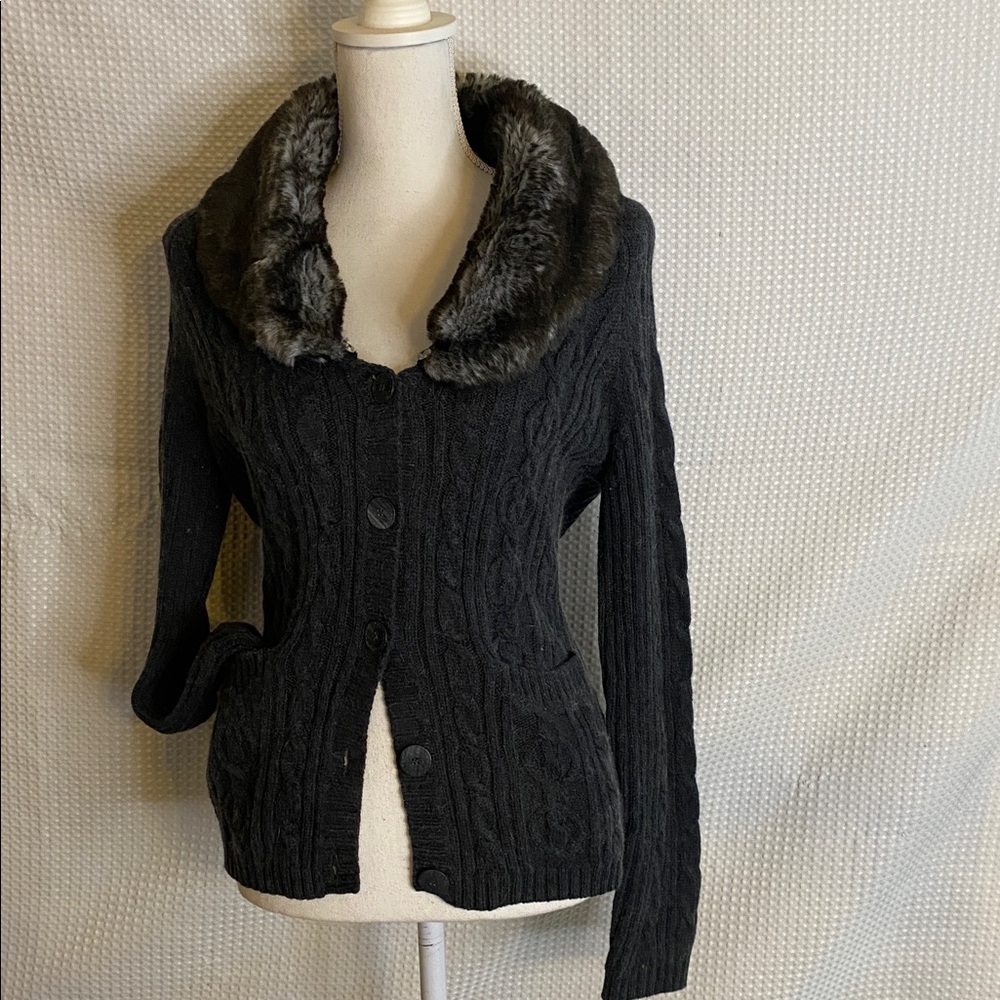 Vintage Liz Claiborne cable knit sweater faux fur collar removable cardigan grey